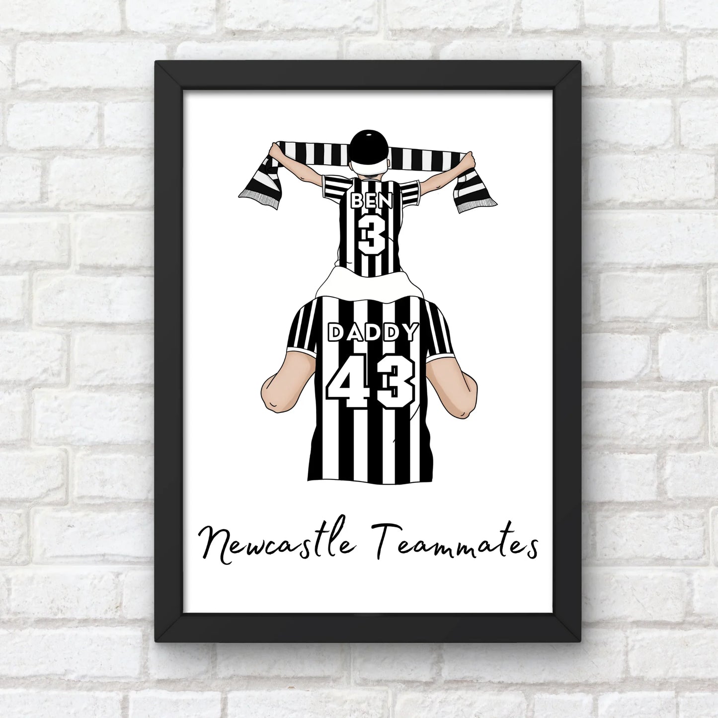 Personalised Father and Son Football Wall Art, Newcastle Football Art Print, Boys Room Decor