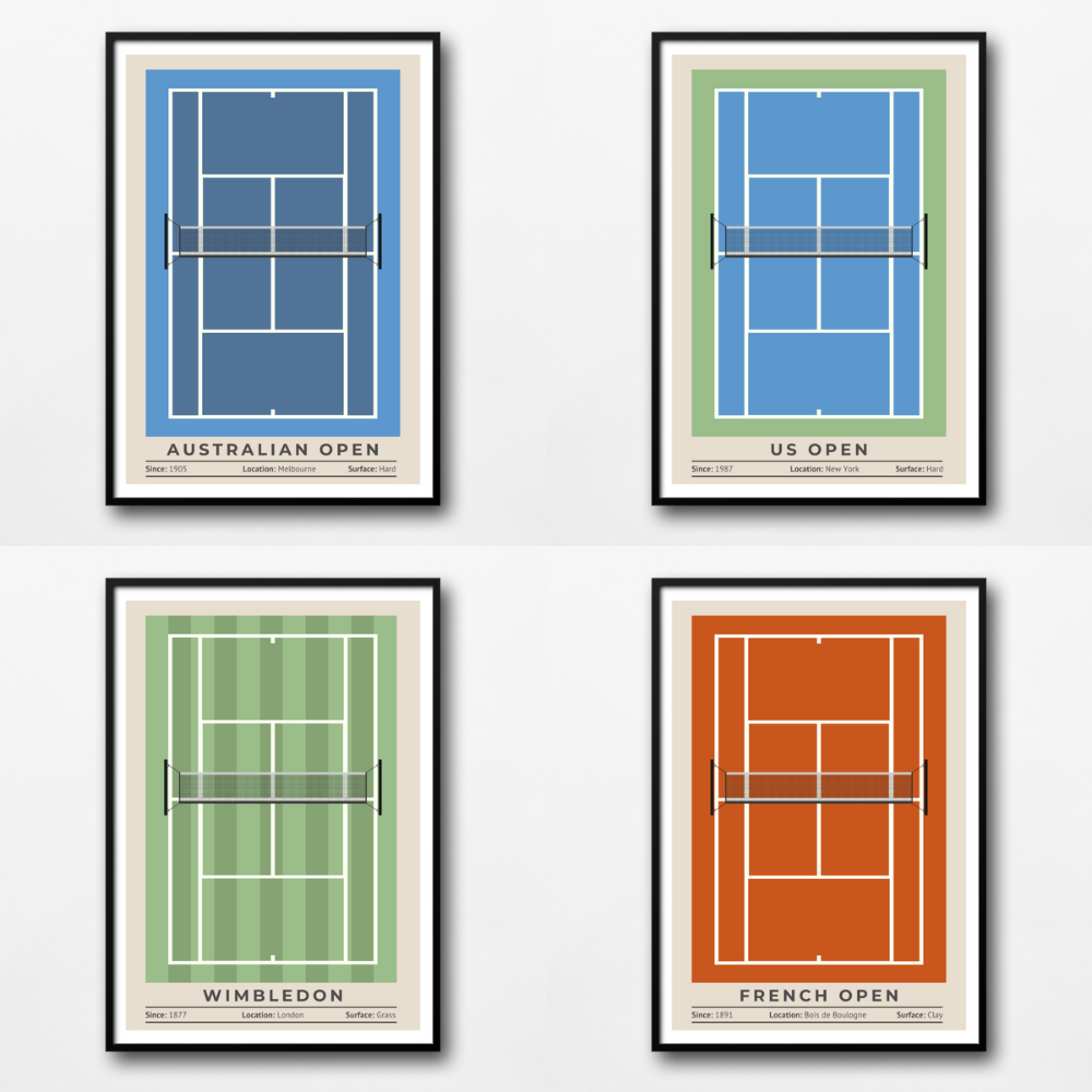 Tennis Set of 4 Posters, Wimbledon, Australian Open, French Open, US Open