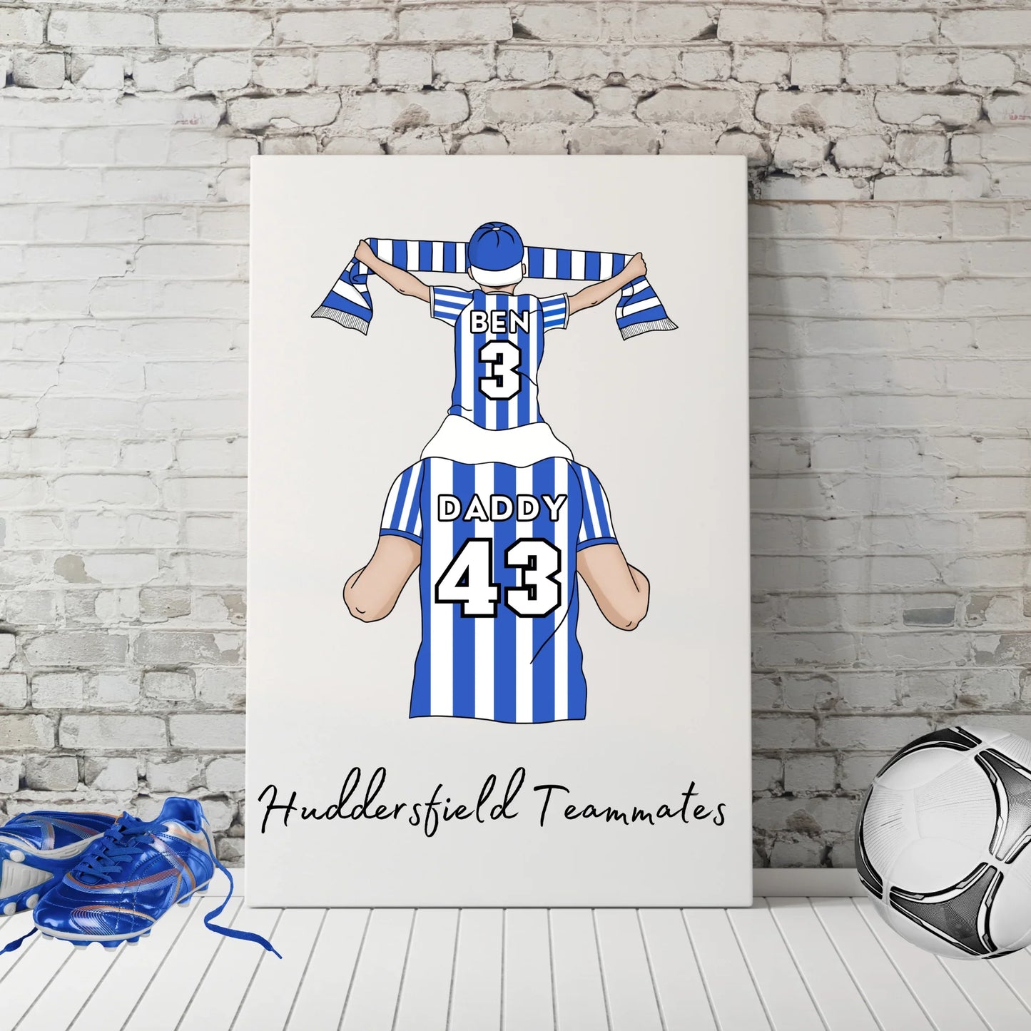 Personalised Father and Son Football Wall Art, Huddersfield Football Art Print, Boys Room Decor